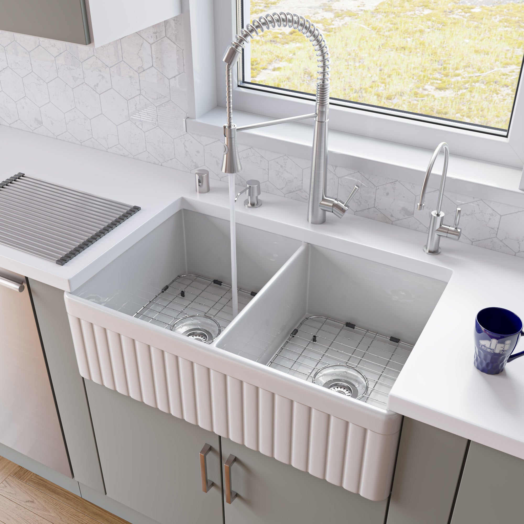 ALFI Brand - White 32" Fluted Apron Double Bowl Fireclay Farmhouse Kitchen Sink | AB537-W ALFI Brand - White 32" Fluted Apron Double Bowl Fireclay Farmhouse Kitchen Sink | AB537-W