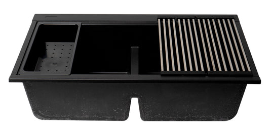 ALFI brand - Black 33" Granite Composite Workstation Step Rim Double Bowl Undermount Sink with Accessories - AB3418DBUM-BLA
