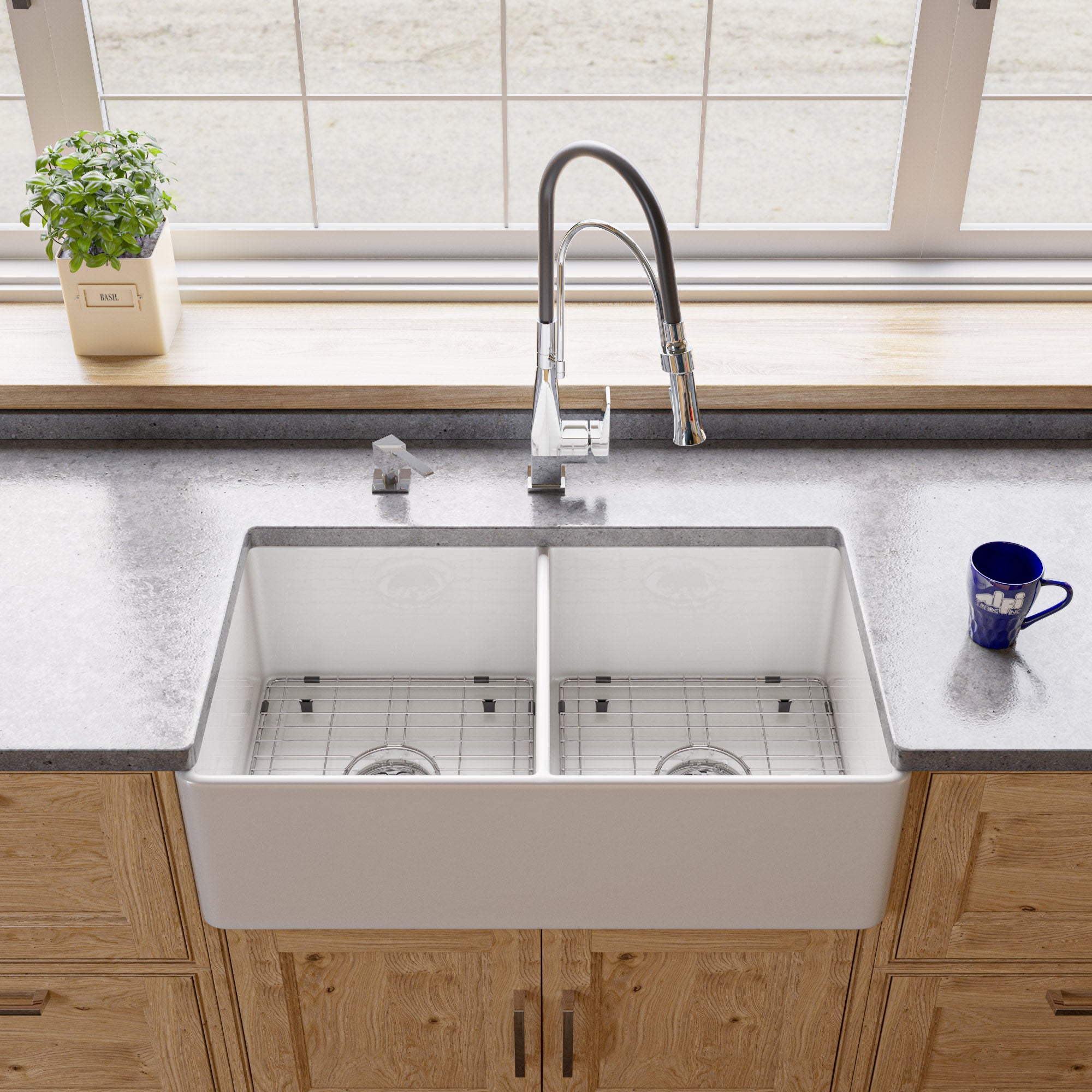 ALFI Brand - White Smooth Apron 33" x 18" Double Bowl Fireclay Farm Sink | ABF3318D-W ALFI Brand - White Smooth Apron 33" x 18" Double Bowl Fireclay Farm Sink | ABF3318D-W