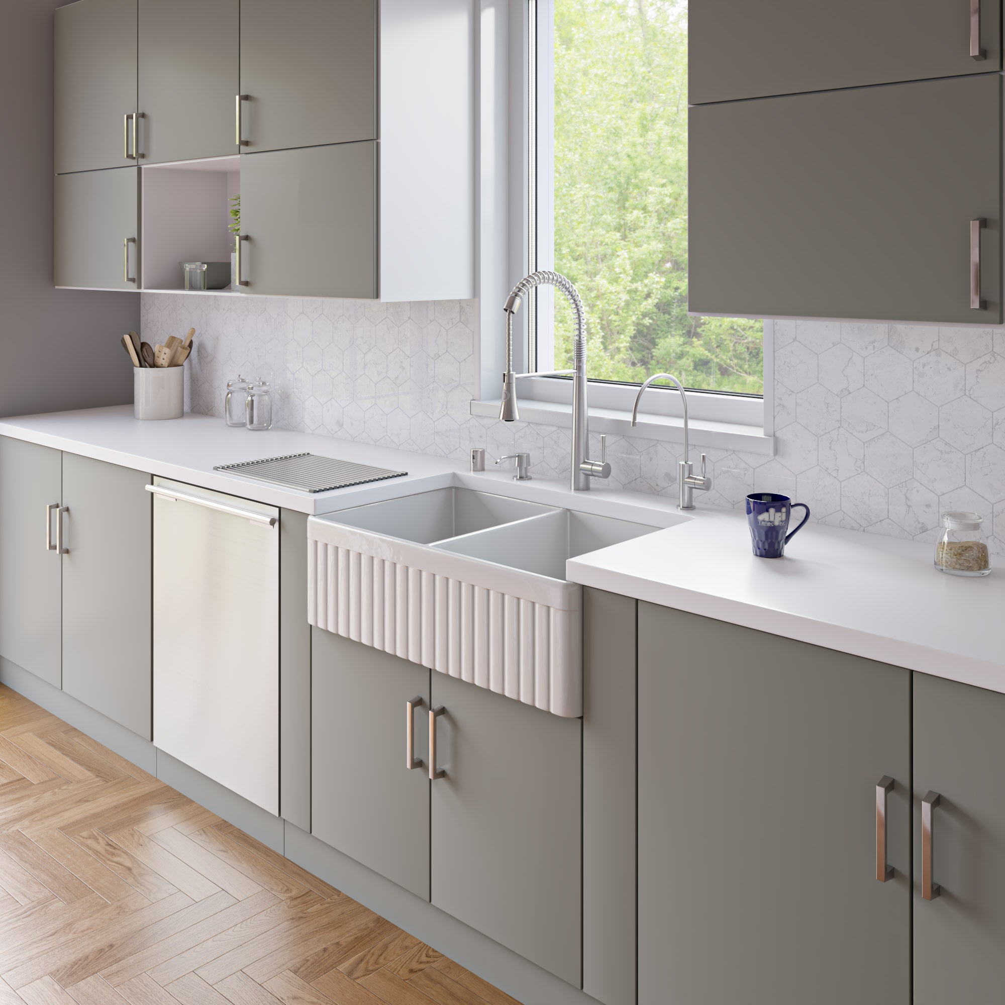 ALFI Brand - White 32" Fluted Apron Double Bowl Fireclay Farmhouse Kitchen Sink | AB537-W ALFI Brand - White 32" Fluted Apron Double Bowl Fireclay Farmhouse Kitchen Sink | AB537-W