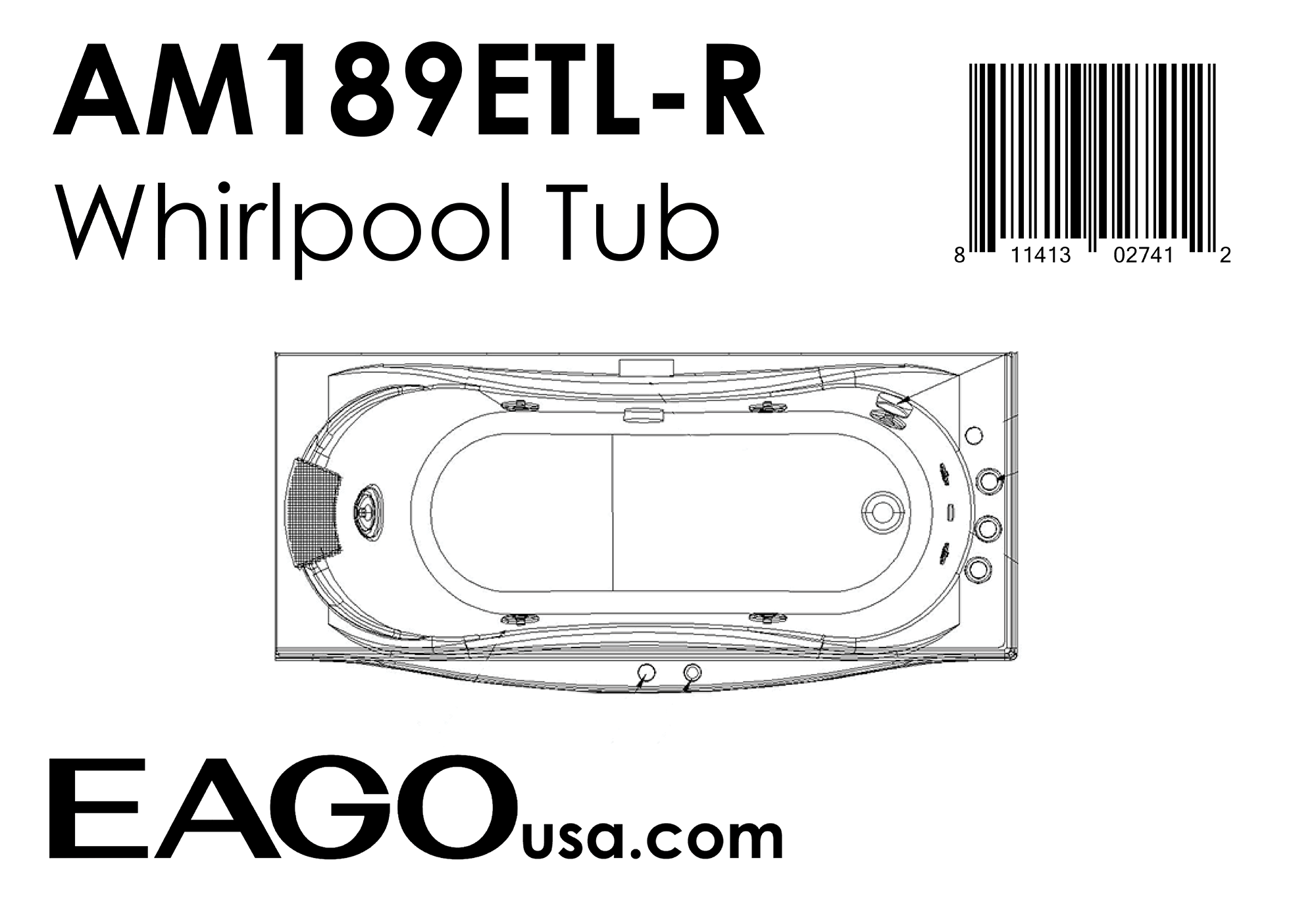 EAGO - 6 ft Right Drain Acrylic White Whirlpool Bathtub w Fixtures | AM189ETL-R EAGO - 6 ft Right Drain Acrylic White Whirlpool Bathtub w Fixtures | AM189ETL-R