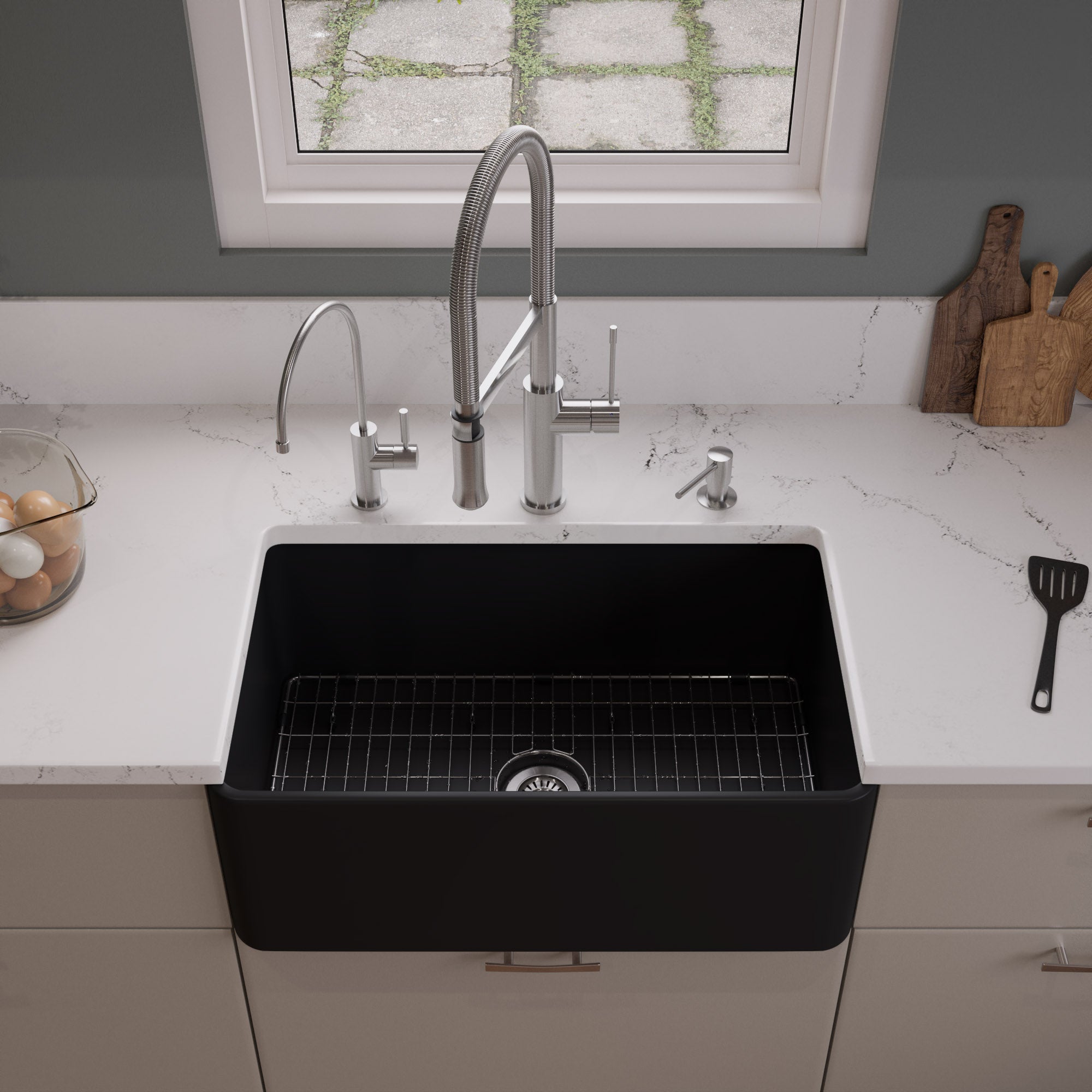ALFI Brand - Black Matte Smooth Apron 30" x 18" Single Bowl Fireclay Farm Sink | ABF3018-BM ALFI Brand - Black Matte Smooth Apron 30" x 18" Single Bowl Fireclay Farm Sink | ABF3018-BM