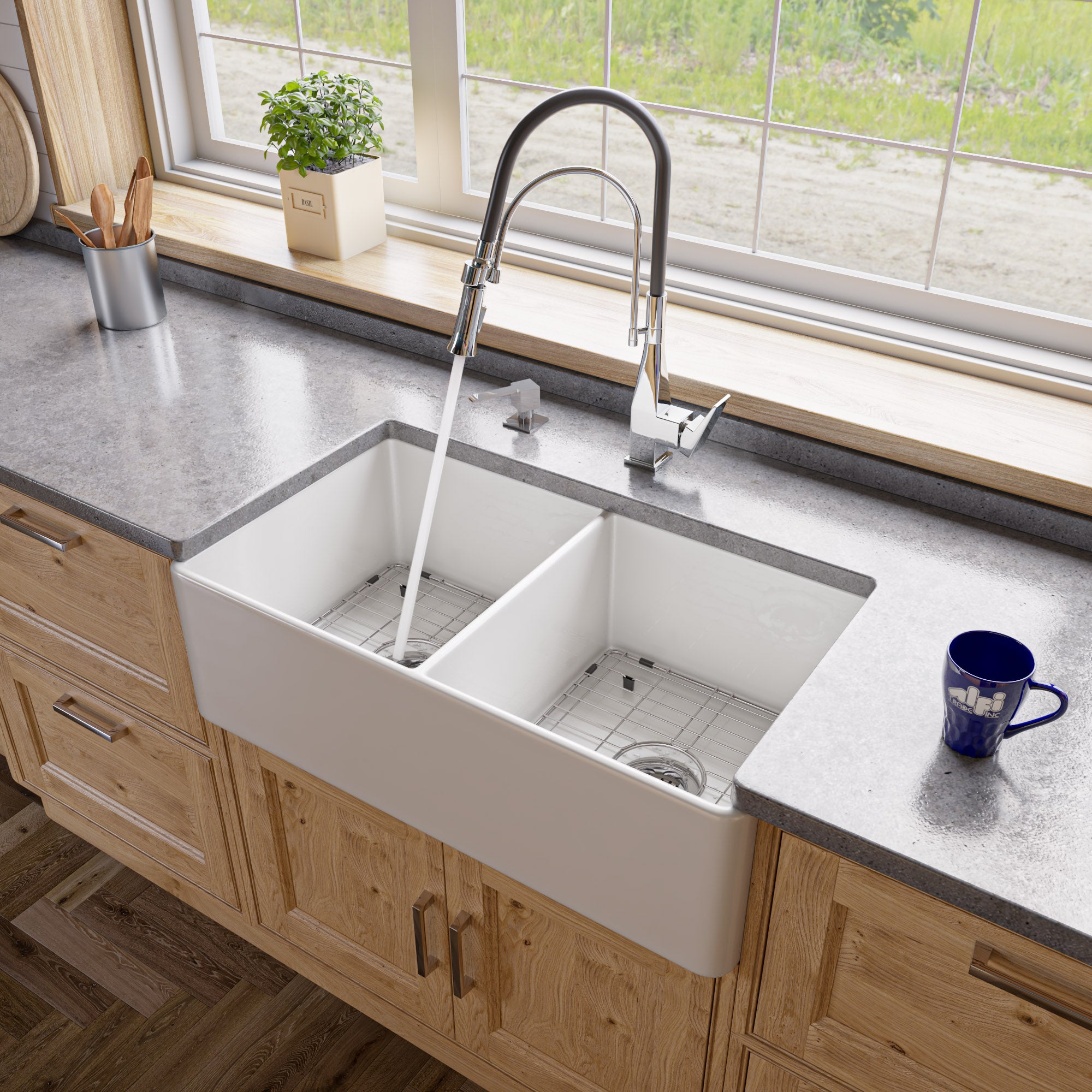 ALFI Brand - White Smooth Apron 33" x 18" Double Bowl Fireclay Farm Sink | ABF3318D-W ALFI Brand - White Smooth Apron 33" x 18" Double Bowl Fireclay Farm Sink | ABF3318D-W