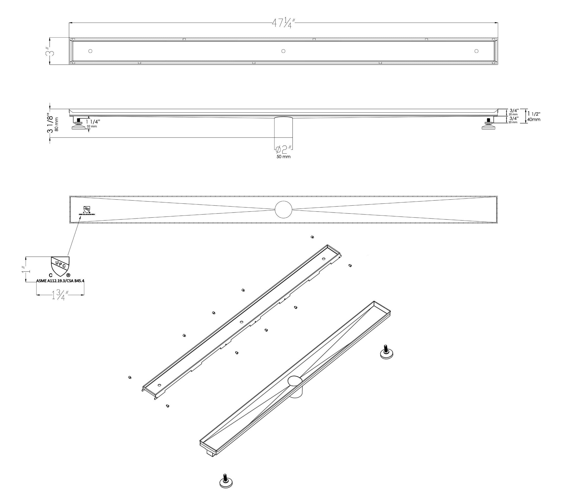ALFI Brand - 47" Stainless Steel Linear Shower Drain with No Cover | ABLD47A ALFI Brand - 47" Stainless Steel Linear Shower Drain with No Cover | ABLD47A