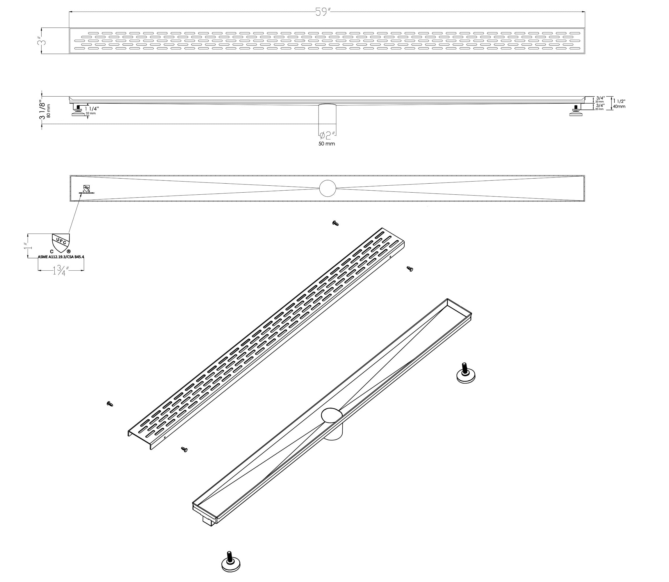 ALFI Brand - 59" Black Matte Stainless Steel Linear Shower Drain with Groove Holes | ABLD59C-BM ALFI Brand - 59" Black Matte Stainless Steel Linear Shower Drain with Groove Holes | ABLD59C-BM
