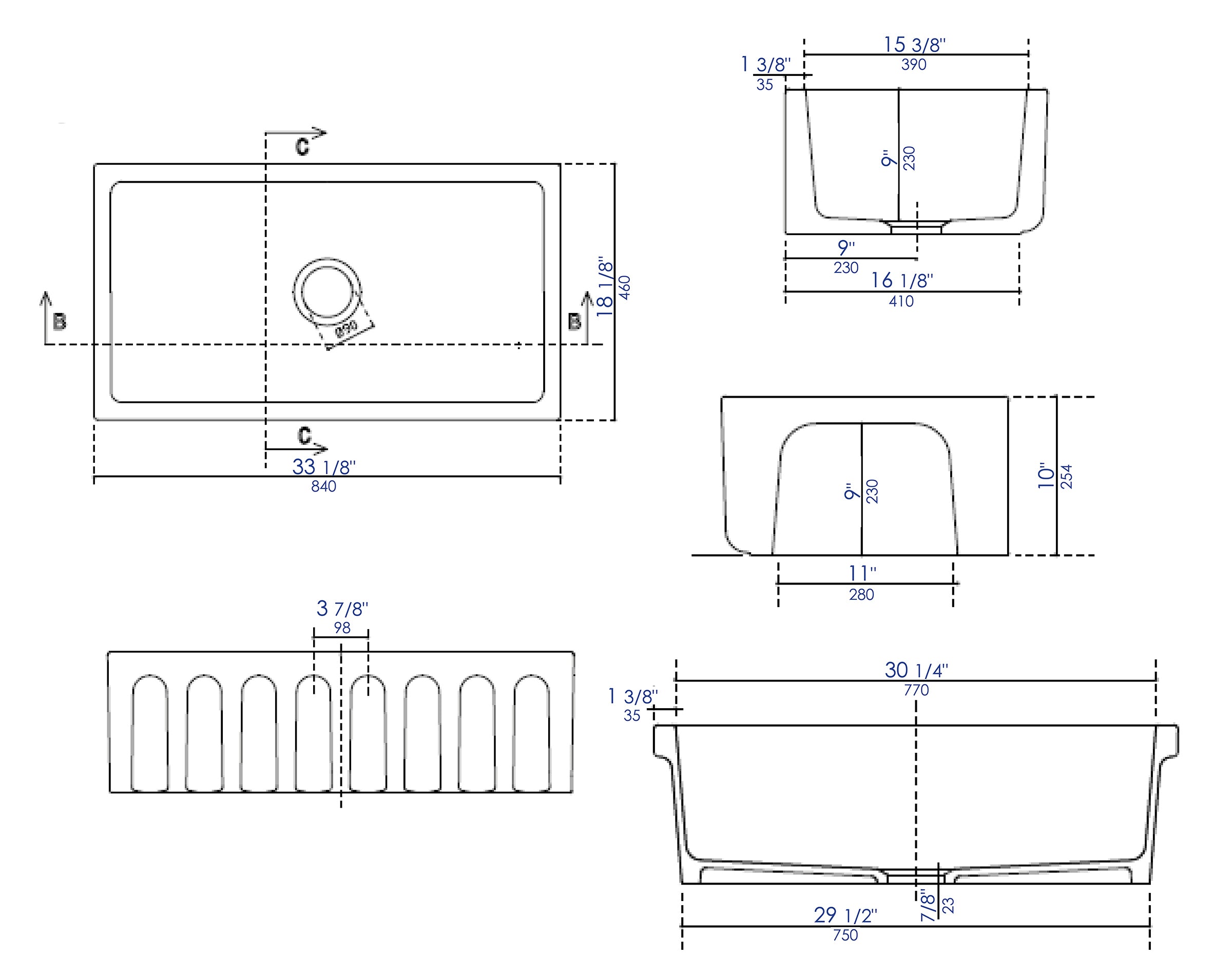 ALFI Brand - Biscuit 33" x 18" Reversible Fluted / Smooth Fireclay Farm Sink | AB3318HS-B ALFI Brand - Biscuit 33" x 18" Reversible Fluted / Smooth Fireclay Farm Sink | AB3318HS-B