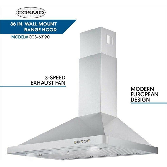 Cosmo - 36 in. Ductless Wall Mount Range Hood in Stainless Steel with LED Lighting and Carbon Filter Kit for Recirculating | COS-63190S-DL