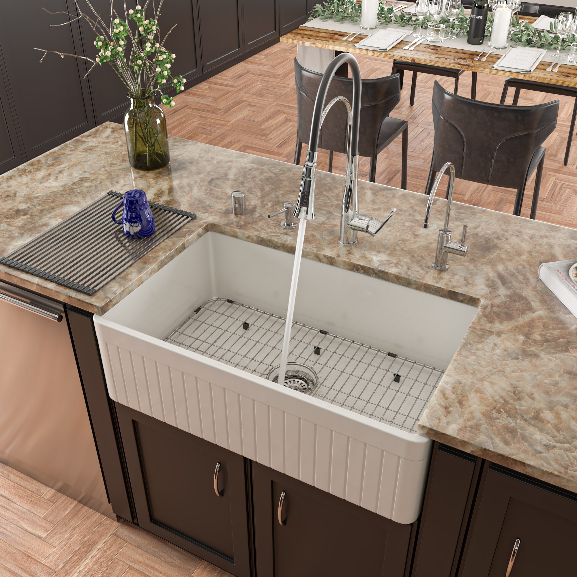 ALFI Brand - 33" White Single Bowl Fluted Apron Fireclay Farm Sink | AB532-W ALFI Brand - 33" White Single Bowl Fluted Apron Fireclay Farm Sink | AB532-W