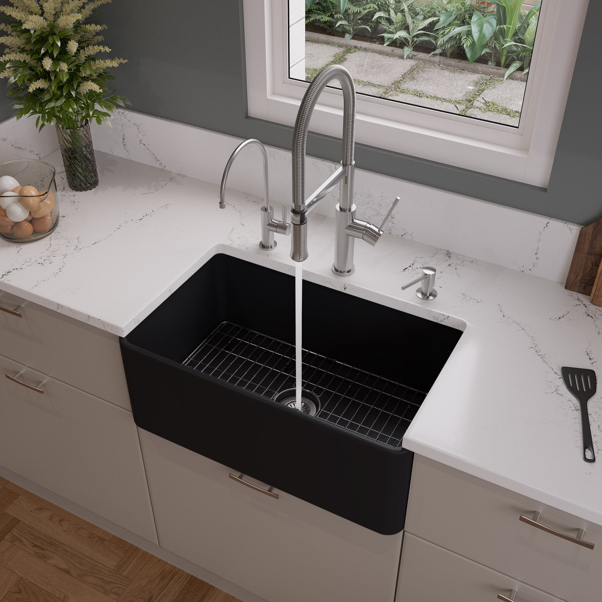 ALFI Brand - Black Matte Smooth Apron 30" x 18" Single Bowl Fireclay Farm Sink | ABF3018-BM ALFI Brand - Black Matte Smooth Apron 30" x 18" Single Bowl Fireclay Farm Sink | ABF3018-BM