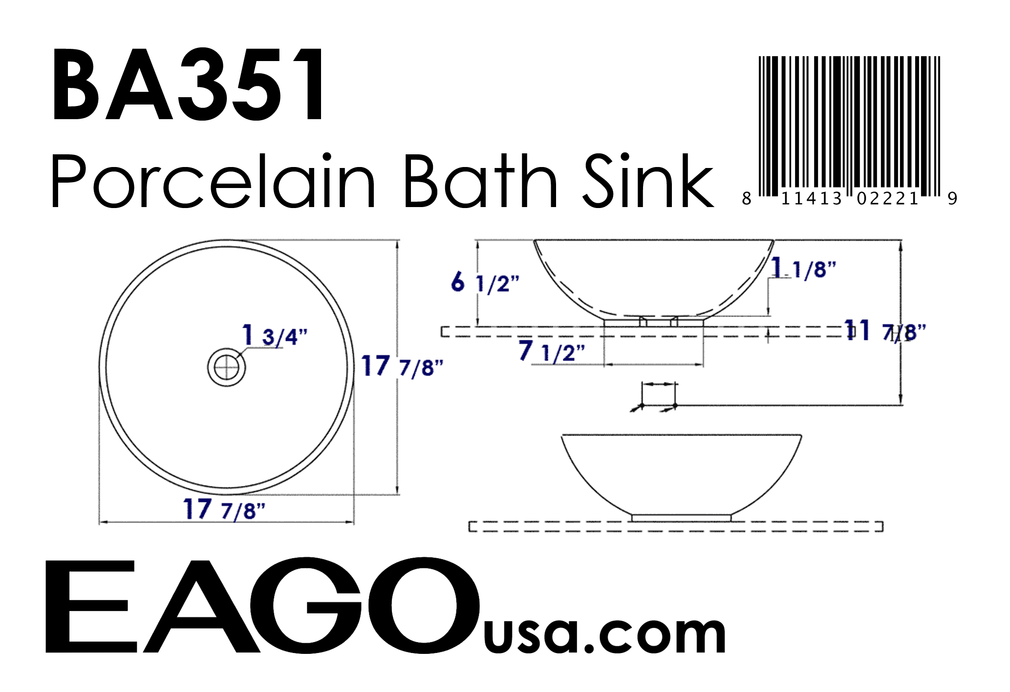 EAGO - 18" ROUND CERAMIC ABOVE MOUNT BATHROOM BASIN VESSEL SINK | BA351 EAGO - 18" ROUND CERAMIC ABOVE MOUNT BATHROOM BASIN VESSEL SINK | BA351