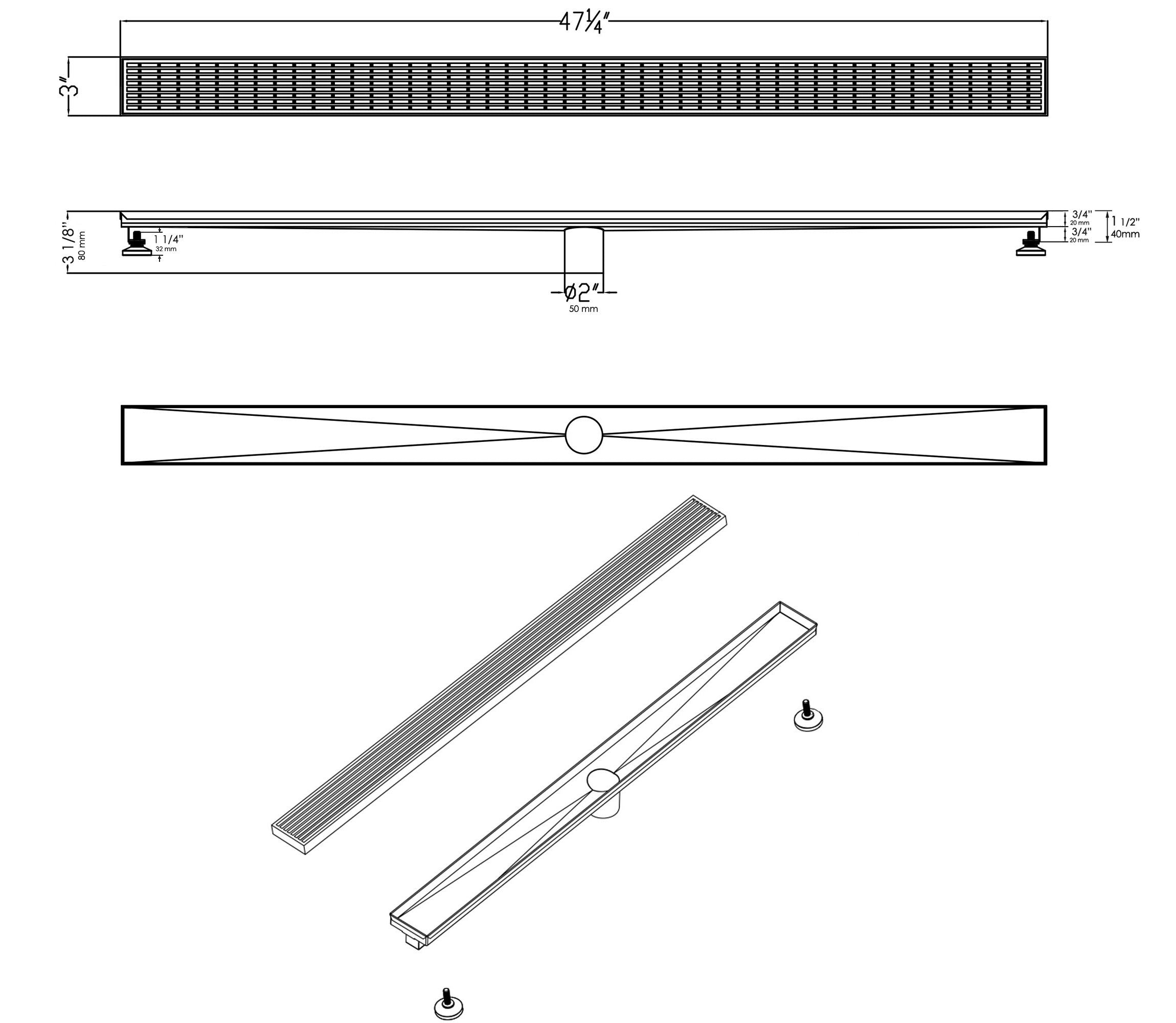ALFI Brand - 47" Stainless Steel Linear Shower Drain with Groove Lines | ABLD47D ALFI Brand - 47" Stainless Steel Linear Shower Drain with Groove Lines | ABLD47D