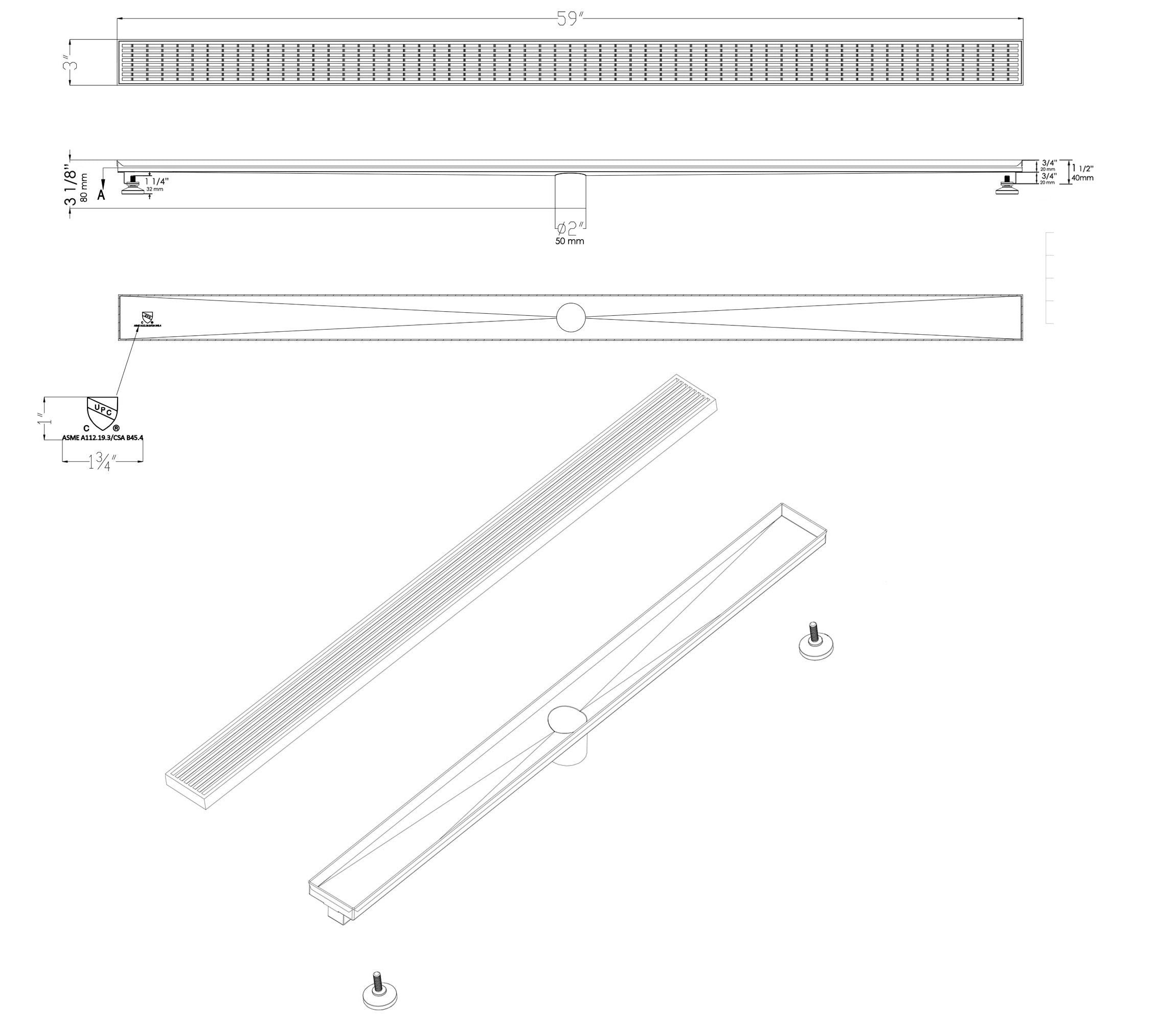 ALFI Brand - 59" Stainless Steel Linear Shower Drain with Groove Lines | ABLD59D ALFI Brand - 59" Stainless Steel Linear Shower Drain with Groove Lines | ABLD59D