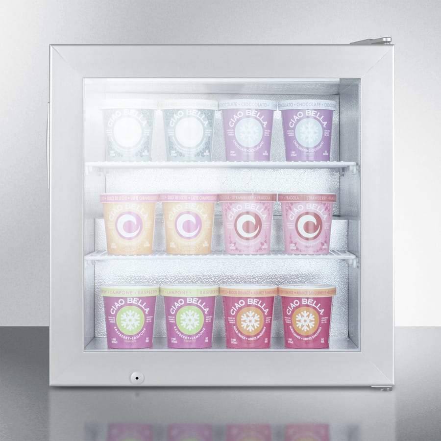 Summit Commercial Compact All-Freezer 24 Inch Compact Display Freezer with Removable Shelves, Factory Installed Lock, Self-Closing Door, Low Temperature Operation, LED Lighting, Commercially Approved, Stainless Steel Cabinet, Glass Door, Adjustable Thermostat and CFC Free Summit Commercial Compact All-Freezer 24 Inch Compact Display Freezer with Removable Shelves, Factory Installed Lock, Self-Closing Door, Low Temperature Operation, LED Lighting, Commercially Approved, Stainless Steel Cabinet, Glass Door, Adjustable Thermostat and CFC Free