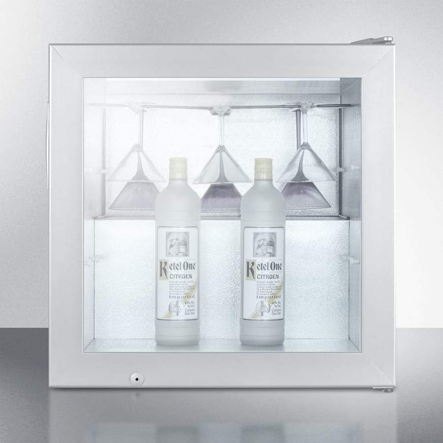 Summit Commercial Compact All-Freezer 24 Inch Compact Vodka Chiller with Ceiling Rack, Removable Shelves, Self-Closing Door, Commercially Listed, Glass Door, Stainless Steel Cabinet, Factory Installed Lock, Low Temperature Operation, LED Lighting, Adjustable Thermostat and CFC Free Summit Commercial Compact All-Freezer 24 Inch Compact Vodka Chiller with Ceiling Rack, Removable Shelves, Self-Closing Door, Commercially Listed, Glass Door, Stainless Steel Cabinet, Factory Installed Lock, Low Temperature Operation, LED Lighting, Adjustable Thermostat and CFC Free