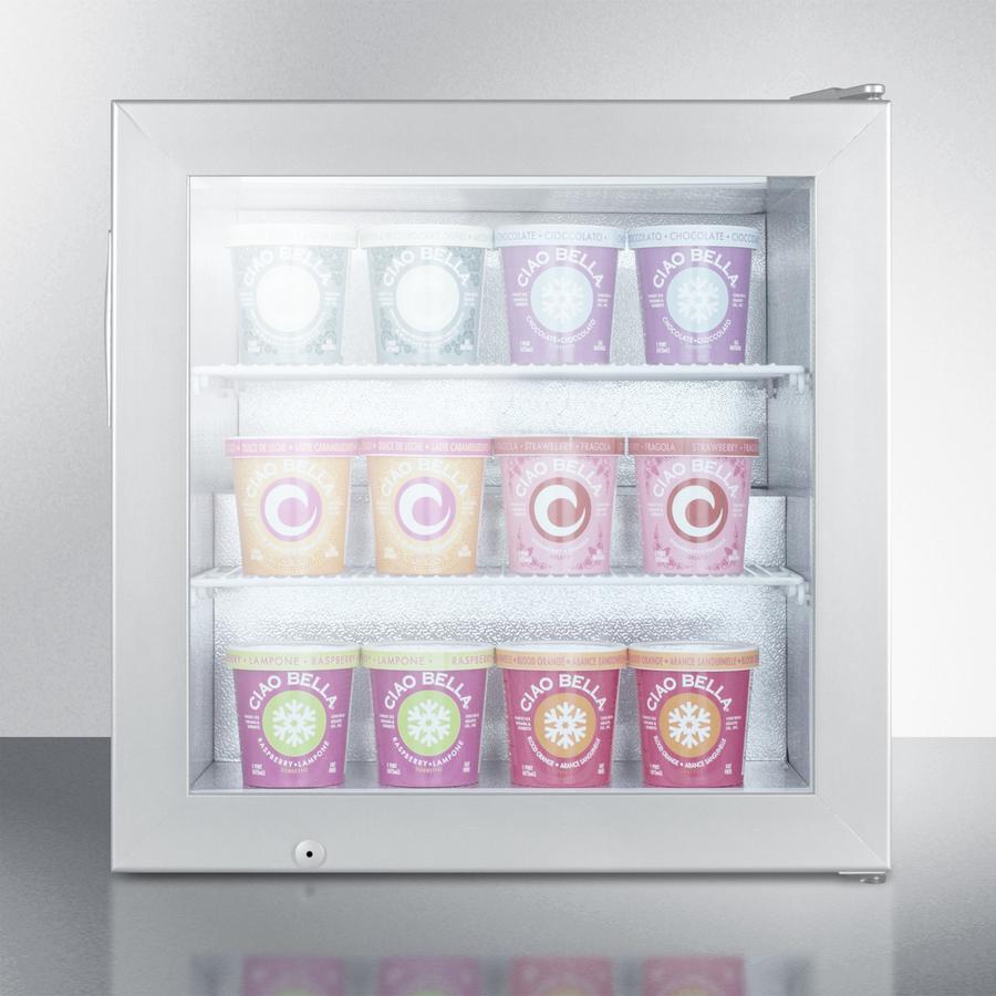 Summit Commercial Compact All-Freezer 24 Inch Countertop Display Freezer with 3.0 cu. ft. Capacity, 2 Removable Wire Shelves, Manual Defrost, Stabilized Cooling, Self-Closing Glass Door, Factory Installed Lock and LED Lighting Summit Commercial Compact All-Freezer 24 Inch Countertop Display Freezer with 3.0 cu. ft. Capacity, 2 Removable Wire Shelves, Manual Defrost, Stabilized Cooling, Self-Closing Glass Door, Factory Installed Lock and LED Lighting