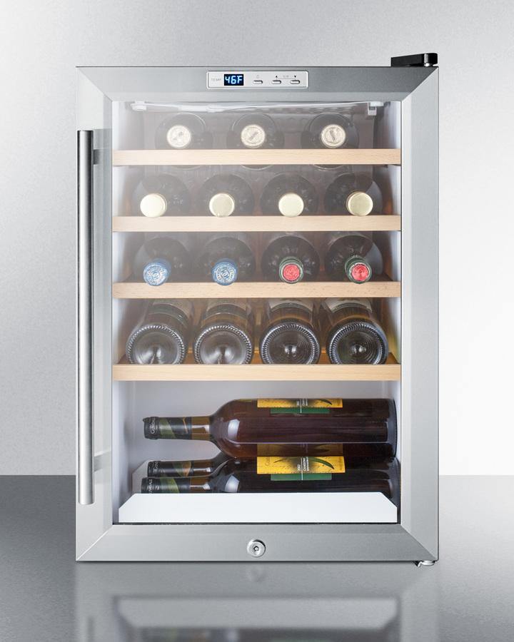 Summit Commercial Compact Wine Cellar 18 Inch Undercounter Wine Cellar with 22 Bottle Capacity, 4 Adjustable Wooden Shelves, Digital Thermostat, LED Lighting, Vertical Storage Option and Automatic Defrost: Stainless Steel Summit Commercial Compact Wine Cellar 18 Inch Undercounter Wine Cellar with 22 Bottle Capacity, 4 Adjustable Wooden Shelves, Digital Thermostat, LED Lighting, Vertical Storage Option and Automatic Defrost: Stainless Steel