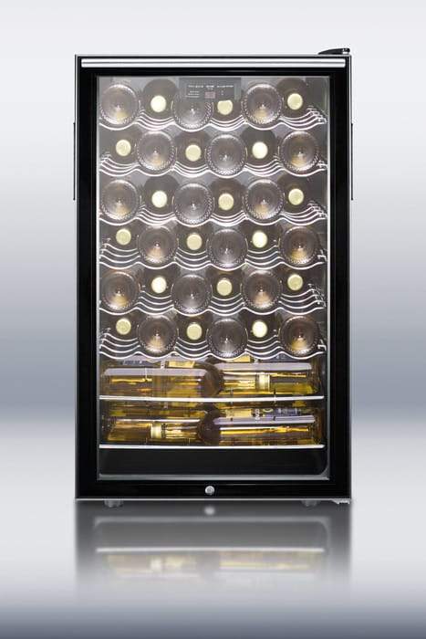 Summit Commercial Freestanding Wine Cellars 4.5 cu. ft. Freestanding Commercial Wine Cellar with 40 Bottle Capacity, 6 Scalloped Shelves, 2 Flat Shelves, Automatic Defrost, Interior Lighting and Reversible Door Hinge: Horizontal Handle Summit Commercial Freestanding Wine Cellars 4.5 cu. ft. Freestanding Commercial Wine Cellar with 40 Bottle Capacity, 6 Scalloped Shelves, 2 Flat Shelves, Automatic Defrost, Interior Lighting and Reversible Door Hinge: Horizontal Handle