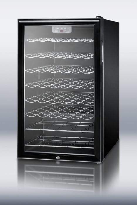 Summit Commercial Freestanding Wine Cellars 4.5 cu. ft. Freestanding Commercial Wine Cellar with 40 Bottle Capacity, 6 Scalloped Shelves, 2 Flat Shelves, Automatic Defrost, Interior Lighting and Reversible Door Hinge: Horizontal Handle Summit Commercial Freestanding Wine Cellars 4.5 cu. ft. Freestanding Commercial Wine Cellar with 40 Bottle Capacity, 6 Scalloped Shelves, 2 Flat Shelves, Automatic Defrost, Interior Lighting and Reversible Door Hinge: Horizontal Handle