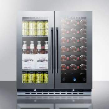 Summit Undercounter Wine and Beverage 30 Inch Dual-Zone Wine and Beverage Center with 33 Bottle Capacity, Adjustable Shelves, Factory-Installed Locks, Fan-Forced Cooling, Recessed LED Lighting, Glass Doors, Automatic Defrost and Commercially Approved Summit Undercounter Wine and Beverage 30 Inch Dual-Zone Wine and Beverage Center with 33 Bottle Capacity, Adjustable Shelves, Factory-Installed Locks, Fan-Forced Cooling, Recessed LED Lighting, Glass Doors, Automatic Defrost and Commercially Approved