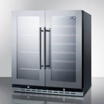 Summit Undercounter Wine and Beverage 30 Inch Dual-Zone Wine and Beverage Center with 33 Bottle Capacity, Adjustable Shelves, Factory-Installed Locks, Fan-Forced Cooling, Recessed LED Lighting, Glass Doors, Automatic Defrost and Commercially Approved Summit Undercounter Wine and Beverage 30 Inch Dual-Zone Wine and Beverage Center with 33 Bottle Capacity, Adjustable Shelves, Factory-Installed Locks, Fan-Forced Cooling, Recessed LED Lighting, Glass Doors, Automatic Defrost and Commercially Approved