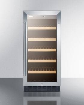 Summit Undercounter Wine Cellars 15 Inch Built-In Wine Cellar with 2.2 Cu. Ft. 23 Bottle Capacity, Stainless Steel Trimmed Glass Door, Wooden Shelves, Digital Thermostat, Door & Temperature Alarm, Lock, and ADA Compliant Summit Undercounter Wine Cellars 15 Inch Built-In Wine Cellar with 2.2 Cu. Ft. 23 Bottle Capacity, Stainless Steel Trimmed Glass Door, Wooden Shelves, Digital Thermostat, Door & Temperature Alarm, Lock, and ADA Compliant