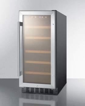 Summit Undercounter Wine Cellars 15 Inch Built-In Wine Cellar with 2.2 Cu. Ft. 23 Bottle Capacity, Stainless Steel Trimmed Glass Door, Wooden Shelves, Digital Thermostat, Door & Temperature Alarm, Lock, and ADA Compliant Summit Undercounter Wine Cellars 15 Inch Built-In Wine Cellar with 2.2 Cu. Ft. 23 Bottle Capacity, Stainless Steel Trimmed Glass Door, Wooden Shelves, Digital Thermostat, Door & Temperature Alarm, Lock, and ADA Compliant