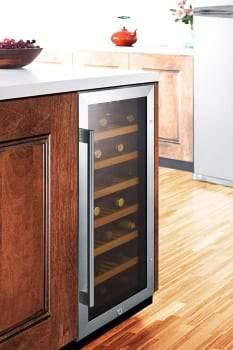 Summit Undercounter Wine Cellars 15 Inch Built-in Wine Cellar with 2.94 cu. ft. Capacity, 33-Bottle Capacity, Wooden Shelves, Factory Installed Lock, LED Lighting and Digital Thermostat: Black Cabinet Finish Summit Undercounter Wine Cellars 15 Inch Built-in Wine Cellar with 2.94 cu. ft. Capacity, 33-Bottle Capacity, Wooden Shelves, Factory Installed Lock, LED Lighting and Digital Thermostat: Black Cabinet Finish
