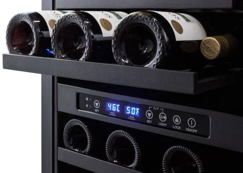 Summit Undercounter Wine Cellars 18 Inch Undercounter Dual-Zone Wine Cellar with 28 Bottle Capacity, Factory-Installed Lock, Automatic Defrost, LED Lighting, Digital Thermostat, Digital Display, CFC Free and 3.3 cu. ft. Capacity: Stainless Steel Ca: Black Cabinet, Right Hinge Summit Undercounter Wine Cellars 18 Inch Undercounter Dual-Zone Wine Cellar with 28 Bottle Capacity, Factory-Installed Lock, Automatic Defrost, LED Lighting, Digital Thermostat, Digital Display, CFC Free and 3.3 cu. ft. Capacity: Stainless Steel Ca: Black Cabinet, Right Hinge
