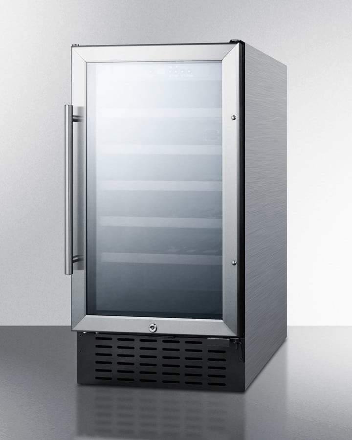 Summit Undercounter Wine Cellars 18 Inch Undercounter Wine Cellar with 34 Bottle Capacity, Factory-Installed Lock, LED Lighting, Commercially Approved, Glass Door, Digital Thermostat, Digital Display, CFC Free and 3.3 cu. ft. Capacity: Stainless Steel Cabinet Summit Undercounter Wine Cellars 18 Inch Undercounter Wine Cellar with 34 Bottle Capacity, Factory-Installed Lock, LED Lighting, Commercially Approved, Glass Door, Digital Thermostat, Digital Display, CFC Free and 3.3 cu. ft. Capacity: Stainless Steel Cabinet