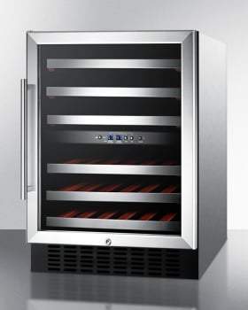 Summit Undercounter Wine Cellars 24 Inch Undercounter Dual Zone Wine Cellar with Slide-Out Shelving, 46 Bottle Capacity, Automatic Defrost, Glass Door, Factory Installed Lock, Interior Light, Reversible Door and CFC Free: Stainless Steel Cabinet, Right Hinge