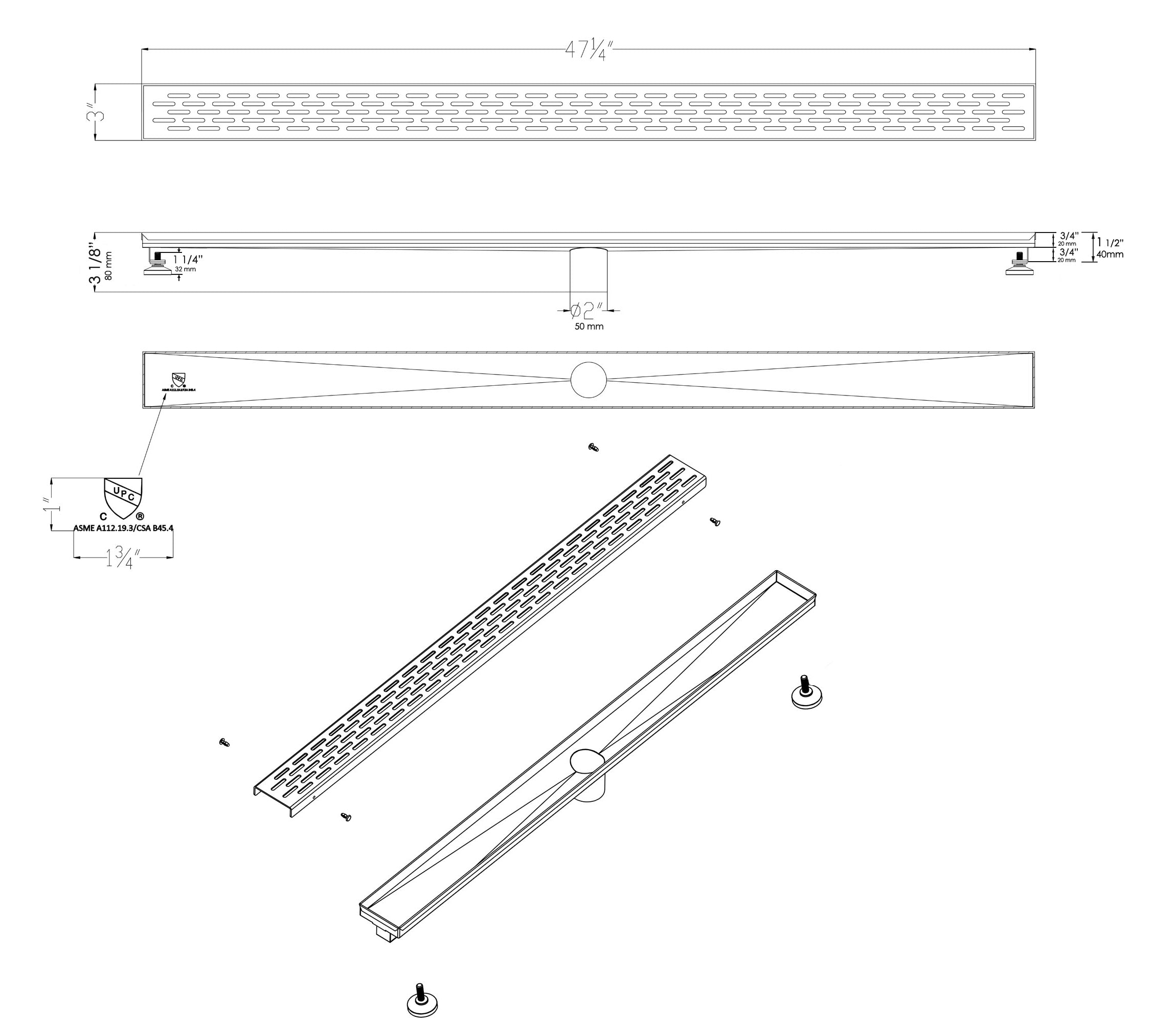 ALFI Brand - 47" Black Matte Stainless Steel Linear Shower Drain with Groove Holes | ABLD47C-BM ALFI Brand - 47" Black Matte Stainless Steel Linear Shower Drain with Groove Holes | ABLD47C-BM
