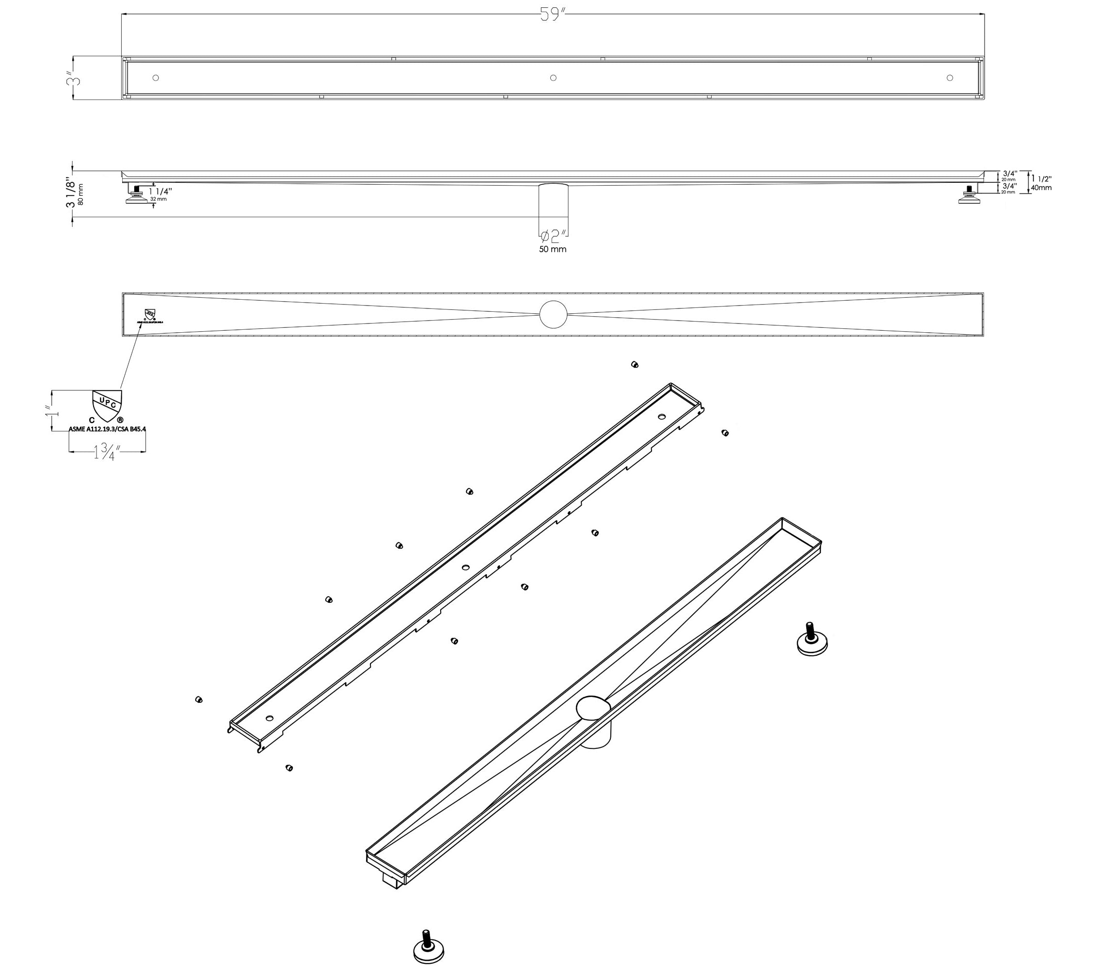ALFI Brand - 59" Stainless Steel Linear Shower Drain with No Cover | ABLD59A ALFI Brand - 59" Stainless Steel Linear Shower Drain with No Cover | ABLD59A