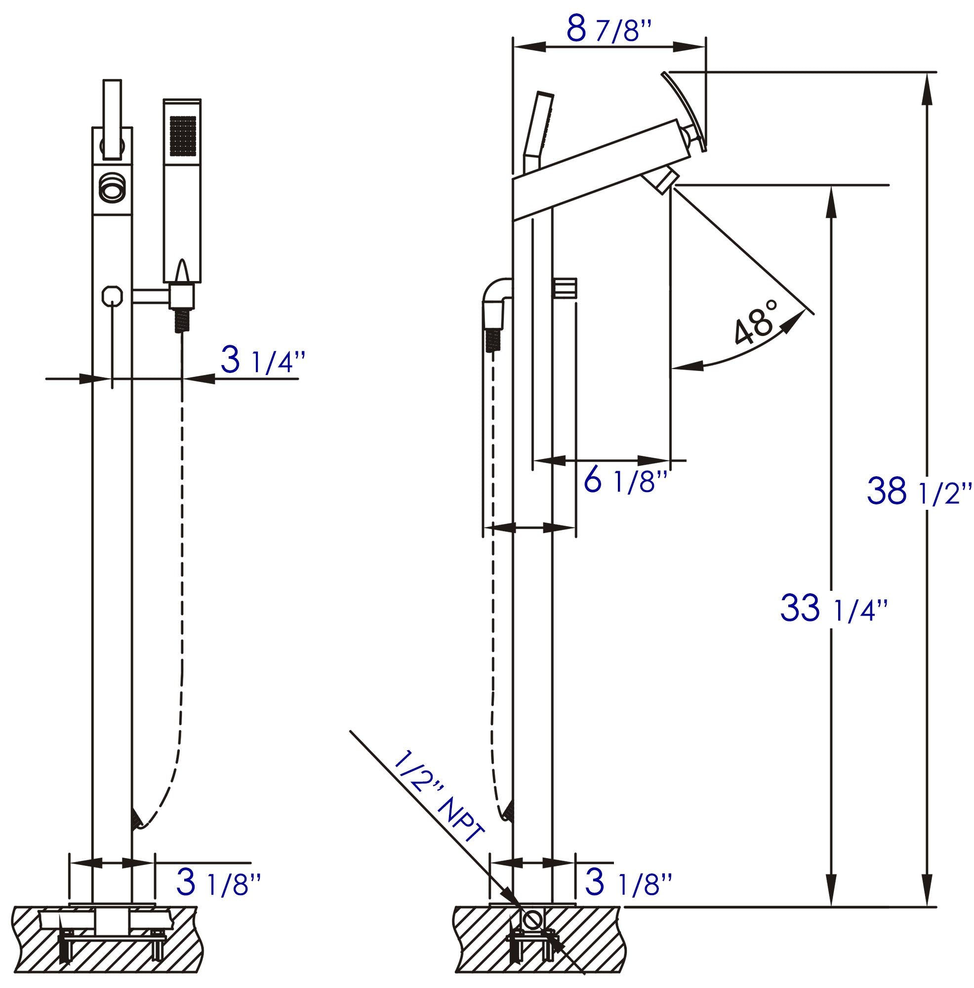 ALFI Brand - Brushed Nickel Floor Mounted Tub Filler + Mixer /w additional Hand Held Shower Head | AB2728-BN ALFI Brand - Brushed Nickel Floor Mounted Tub Filler + Mixer /w additional Hand Held Shower Head | AB2728-BN