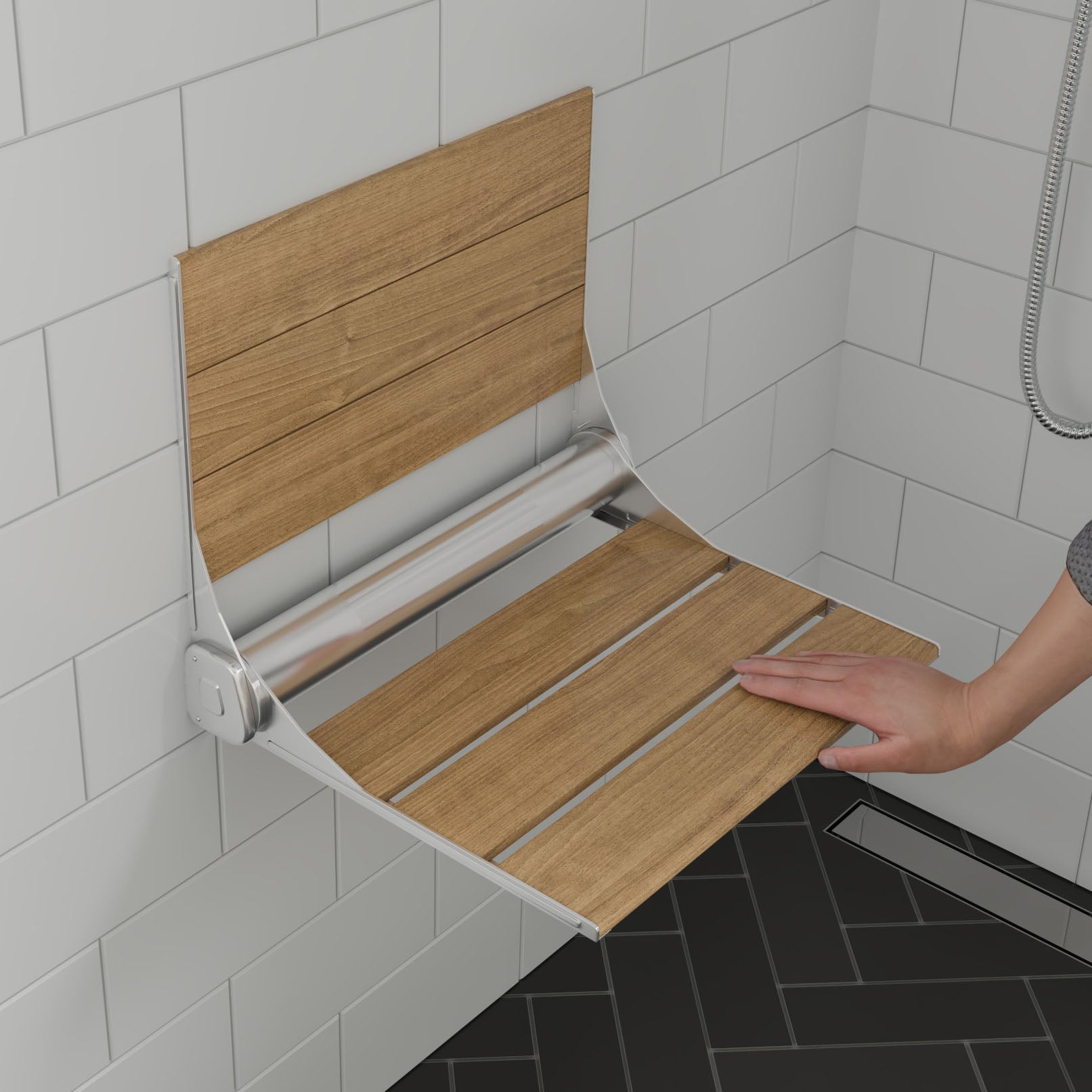 ALFI Brand - 17" Folding Teak Wood Shower Seat Bench with Backrest | ABS17-SA ALFI Brand - 17" Folding Teak Wood Shower Seat Bench with Backrest | ABS17-SA