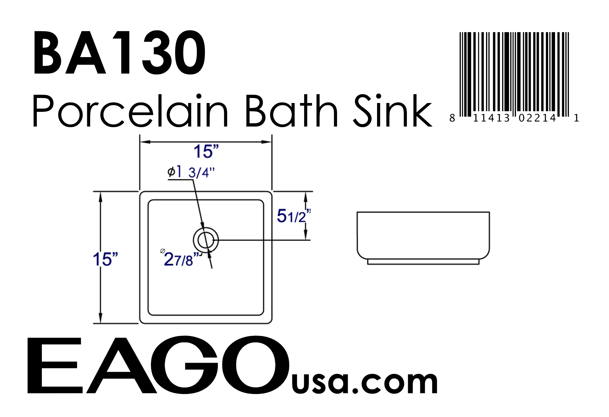 EAGO - 15" SQUARE CERAMIC ABOVE MOUNT BATHROOM BASIN VESSEL SINK | BA130 EAGO - 15" SQUARE CERAMIC ABOVE MOUNT BATHROOM BASIN VESSEL SINK | BA130