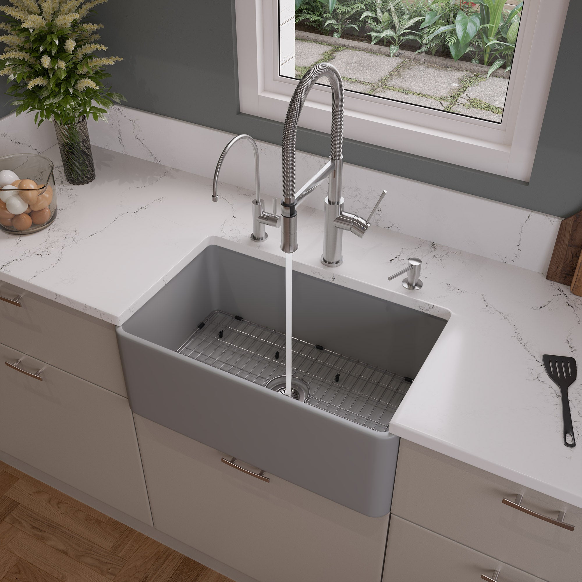 ALFI Brand - Gray Matte Smooth Apron 30" x 18" Single Bowl Fireclay Farm Sink | ABF3018-GM ALFI Brand - Gray Matte Smooth Apron 30" x 18" Single Bowl Fireclay Farm Sink | ABF3018-GM