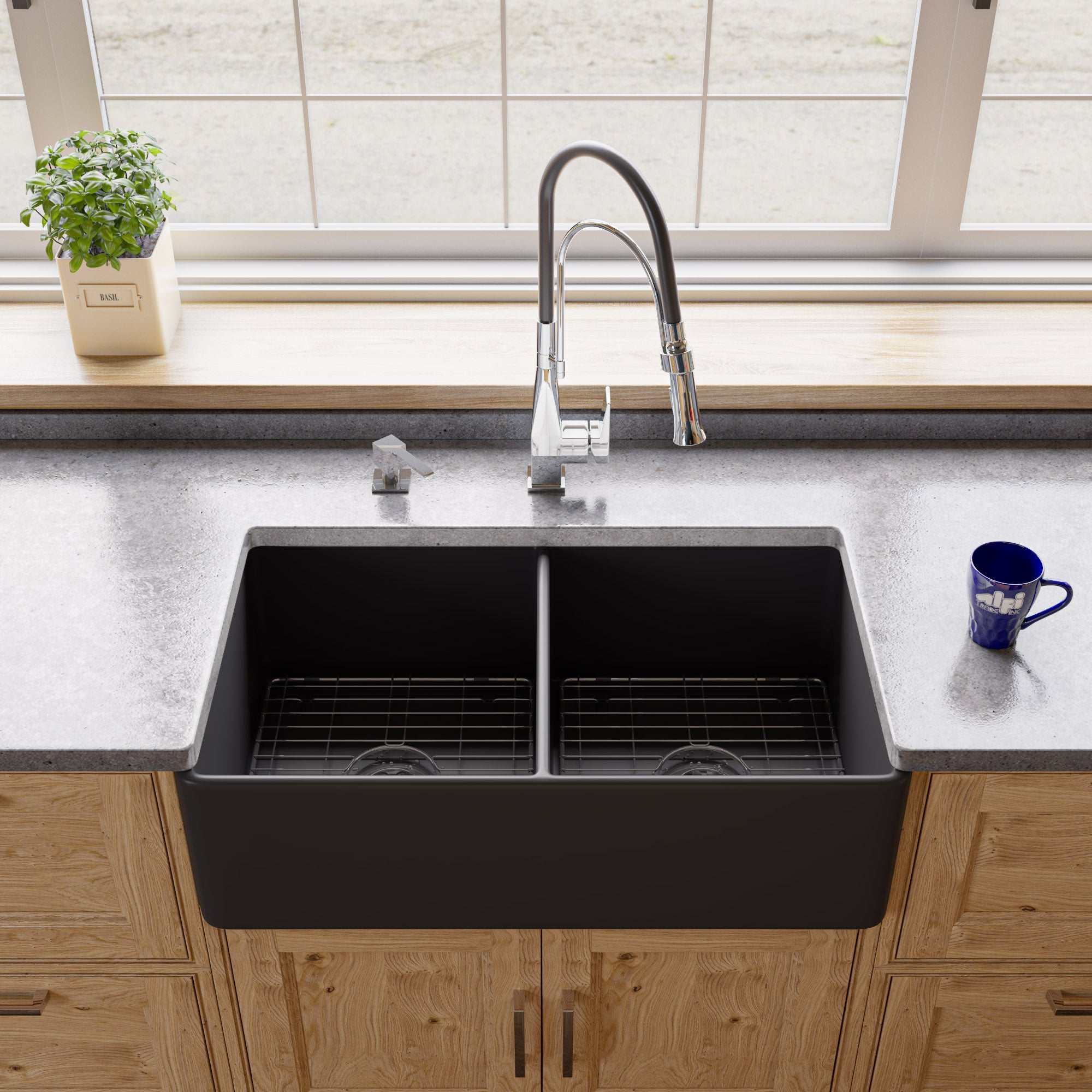ALFI Brand - Black Matte Smooth Apron 33" x 18" Double Bowl Fireclay Farm Sink | ABF3318D-BM ALFI Brand - Black Matte Smooth Apron 33" x 18" Double Bowl Fireclay Farm Sink | ABF3318D-BM