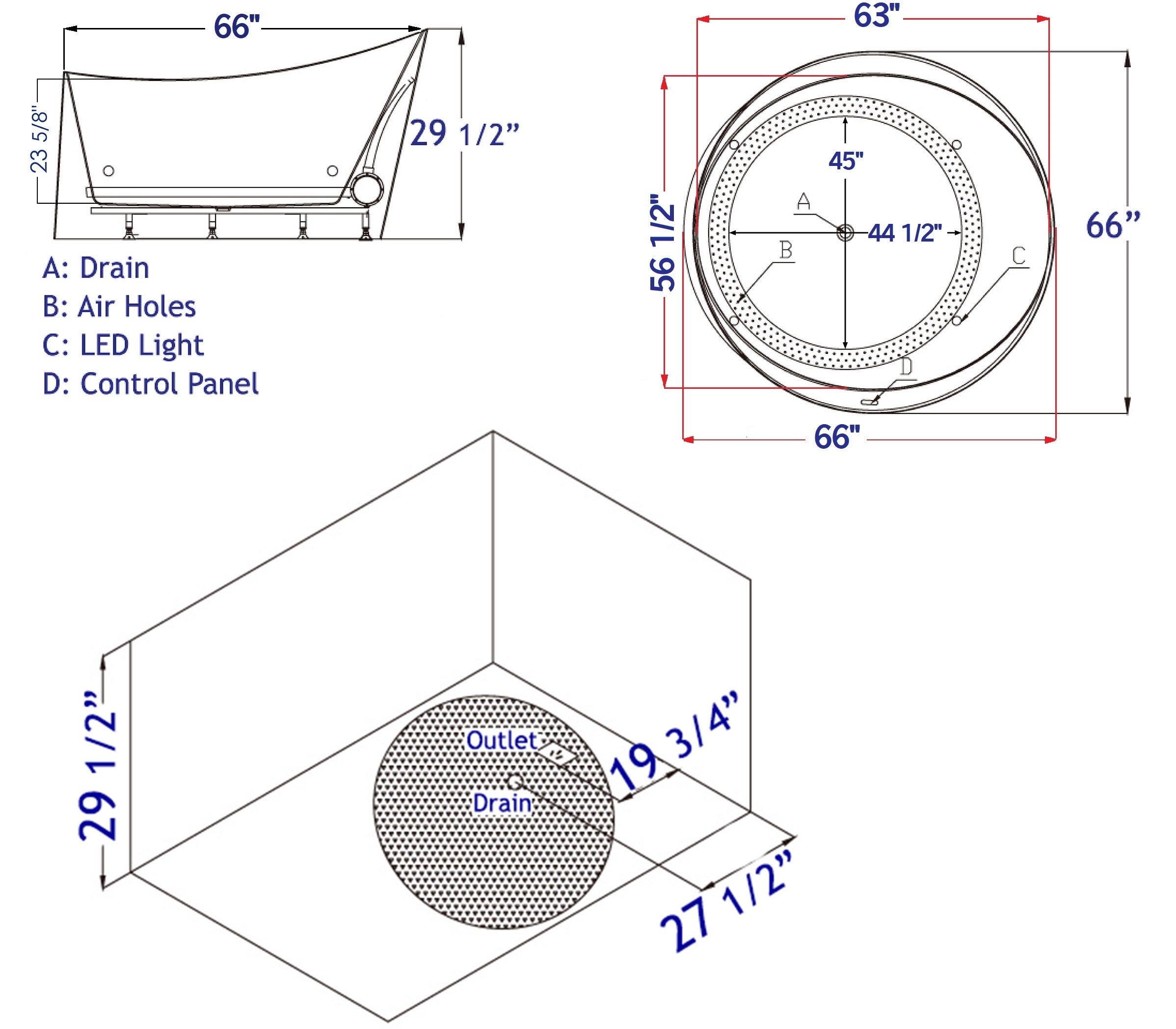 EAGO - 66" Round Free Standing Acrylic Air Bubble Bathtub | AM2130 EAGO - 66" Round Free Standing Acrylic Air Bubble Bathtub | AM2130