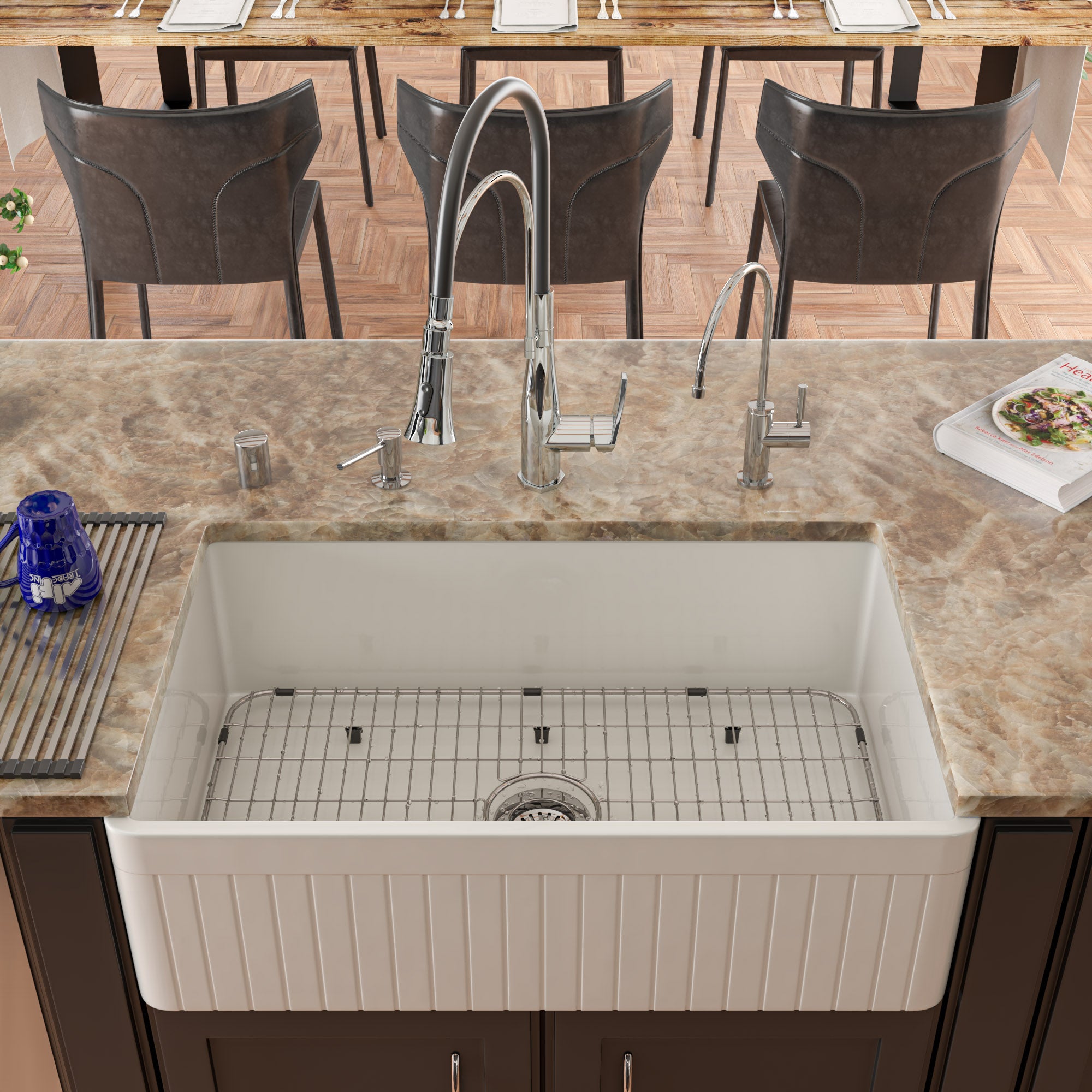 ALFI Brand - 33" White Single Bowl Fluted Apron Fireclay Farm Sink | AB532-W ALFI Brand - 33" White Single Bowl Fluted Apron Fireclay Farm Sink | AB532-W
