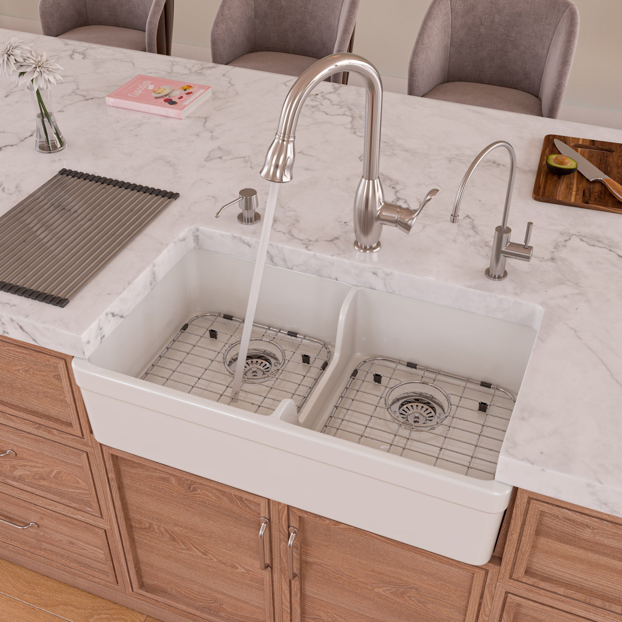ALFI Brand - White 32" Short Wall Double Bowl Lip Apron Fireclay Farmhouse Kitchen Sink | AB5123-W ALFI Brand - White 32" Short Wall Double Bowl Lip Apron Fireclay Farmhouse Kitchen Sink | AB5123-W