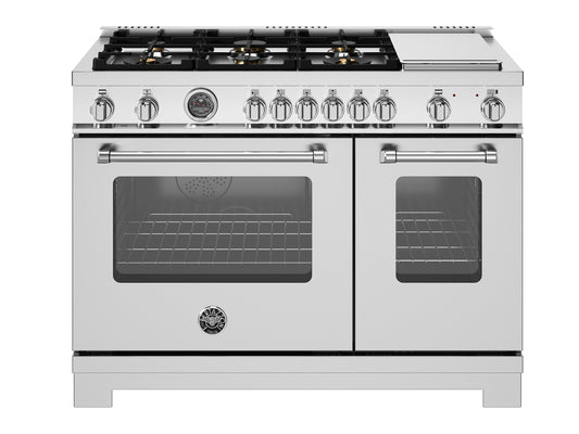 Bertazzoni - 48 inch Dual Fuel Range, 6 Brass Burners and Griddle, Electric Self-Clean Oven - MAS486BTFEPXT