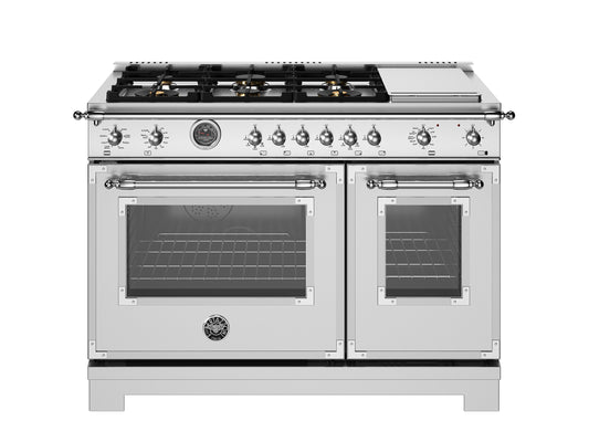 Bertazzoni - 48 inch Dual Fuel Range, 6 Brass Burners and Griddle, Electric Self-Clean Oven - HER486BTFEP