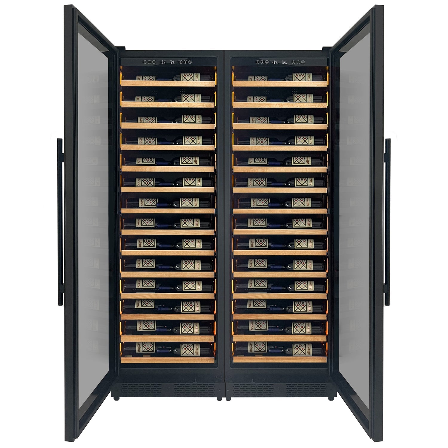 Allavino - Reserva Series 134 Bottle 71" Tall Dual Zone Black Side-by-Side Shallow Wine Refrigerator with Wood Front Shelves - BF 2X-VSW6771S-1B-W
