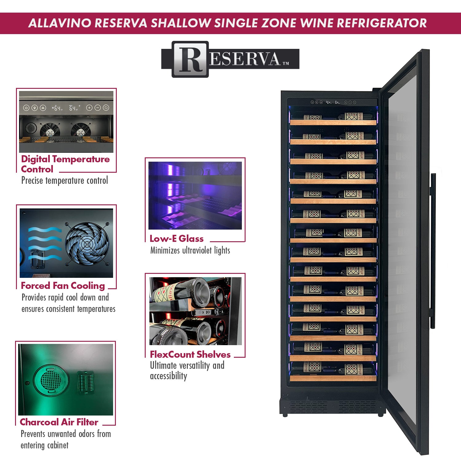 Allavino - Reserva Series 134 Bottle 71" Tall Dual Zone Black Side-by-Side Shallow Wine Refrigerator with Wood Front Shelves - BF 2X-VSW6771S-1B-W