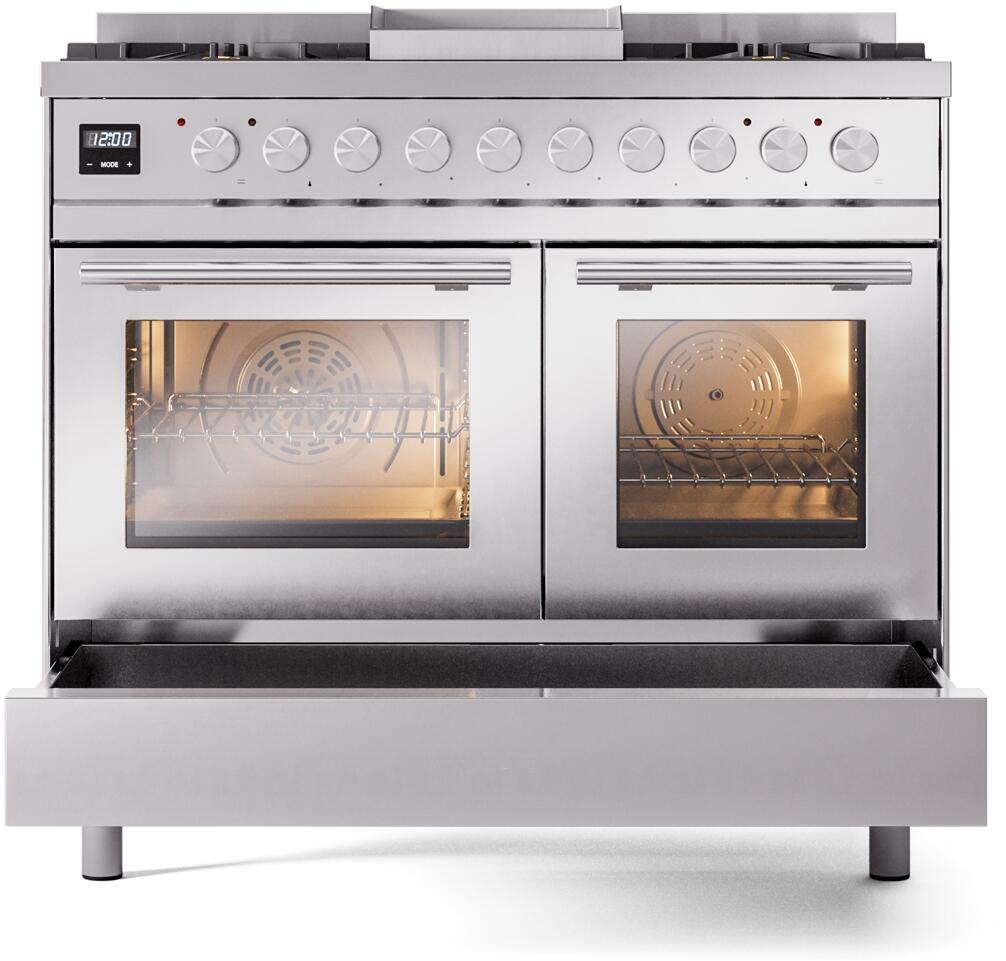 ILVE - 40" Pro Plus II Series Freestanding Dual Fuel Range - Double Oven - Viewing Window(s) - Griddle - Liquid Propane