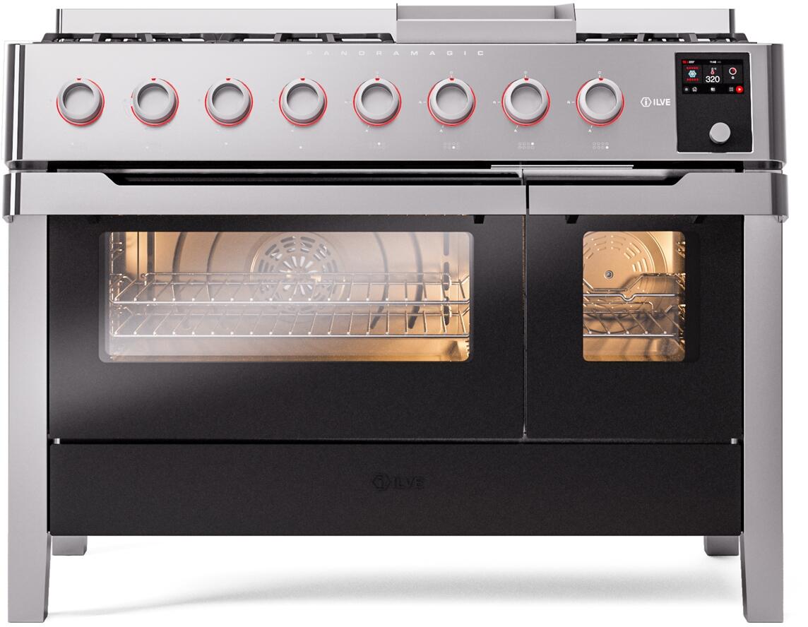 ILVE - Panoramagic 48" Dual Fuel 8 Gas Burners w/ Griddle Double Oven - Liquid Propane