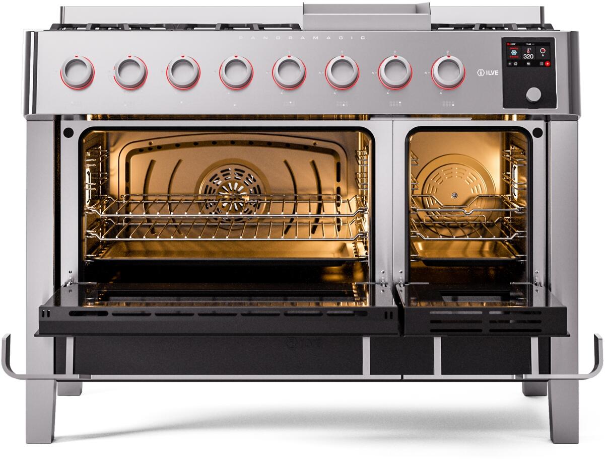 ILVE - Panoramagic 48" Dual Fuel 8 Gas Burners w/ Griddle Double Oven - Natural Gas