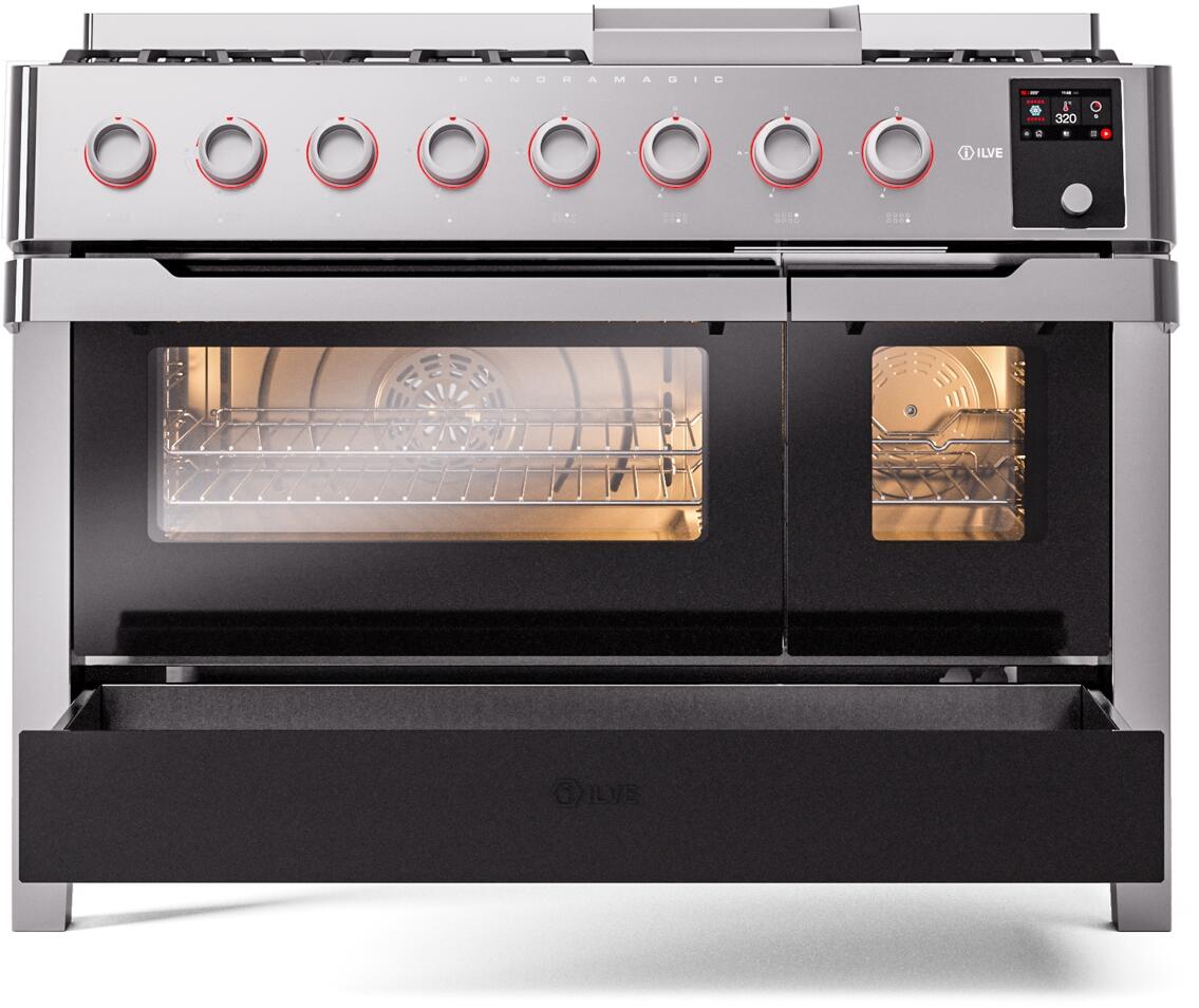 ILVE - Panoramagic 48" Dual Fuel 8 Gas Burners w/ Griddle Double Oven - Liquid Propane