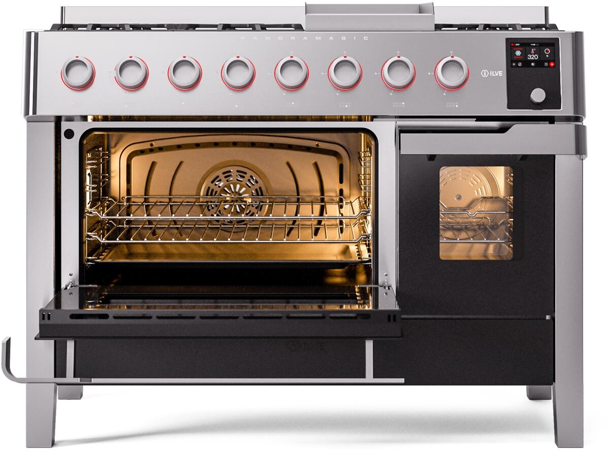 ILVE - Panoramagic 48" Dual Fuel 8 Gas Burners w/ Griddle Double Oven - Liquid Propane