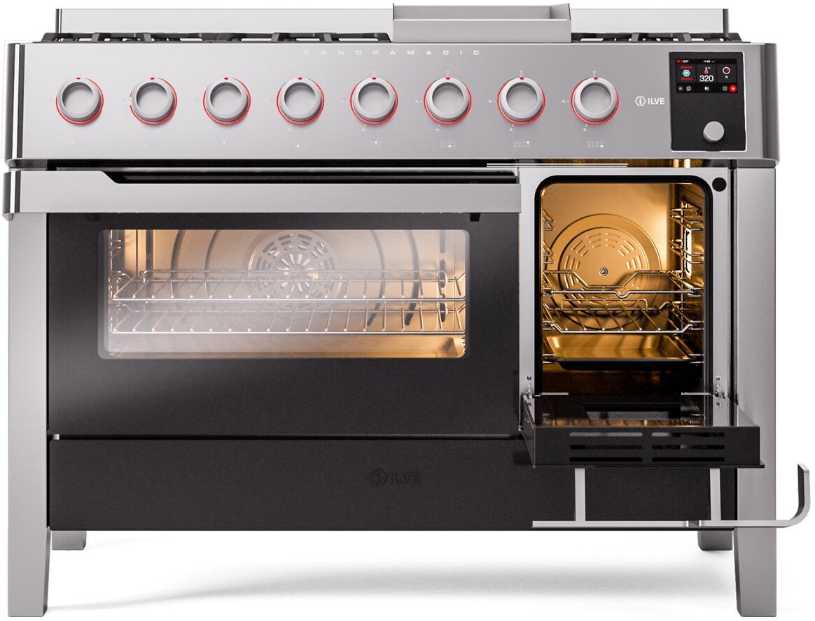 ILVE - Panoramagic 48" Dual Fuel 8 Gas Burners w/ Griddle Double Oven - Liquid Propane